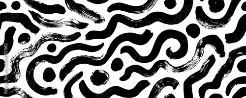 Doodle seamless pattern with bold lines and dots. Brush drawn curved strokes and swirls. Vector geometric wallpaper. Organic shapes and thick wavy lines. Grunge background in Memphis style.