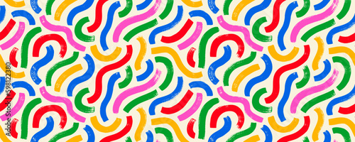 Wavy and curved brush strokes vector seamless pattern. Colorful childish banner with squiggles. Creative doodle organic bold lines. Bright color geometric seamless banner with trendy basic shapes.