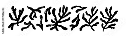 Abstract coral Matisse inspired elements isolated on white background. Brush drawn organic plant elements. Vector ink illustration of corals and seaweeds. Contemporary organic botanical branches.