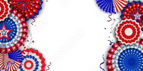 Vibrant red blue and white paper fans with confetti, for the 4th of July, Memorial day, Veterans day, or other American patriotic holiday celebrations.
