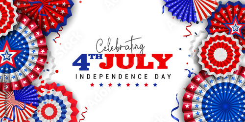 4th of July, USA Independence day banner. Paper fans in colors of the American flag with confetti and stars. Vector illustration.