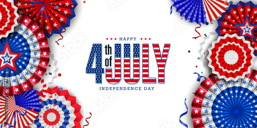4th of July, USA Independence day banner. Paper fans in colors of the American flag with confetti and stars. Vector illustration.