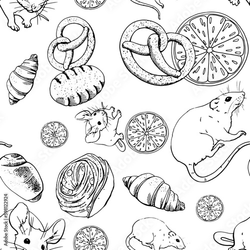 Monochrome seamless graphic pattern. Illustration of fresh pastries, orange slices and mice. For printing on kitchen textiles, wrapping paper, website design. For restaurants, bakeries, cafes.
