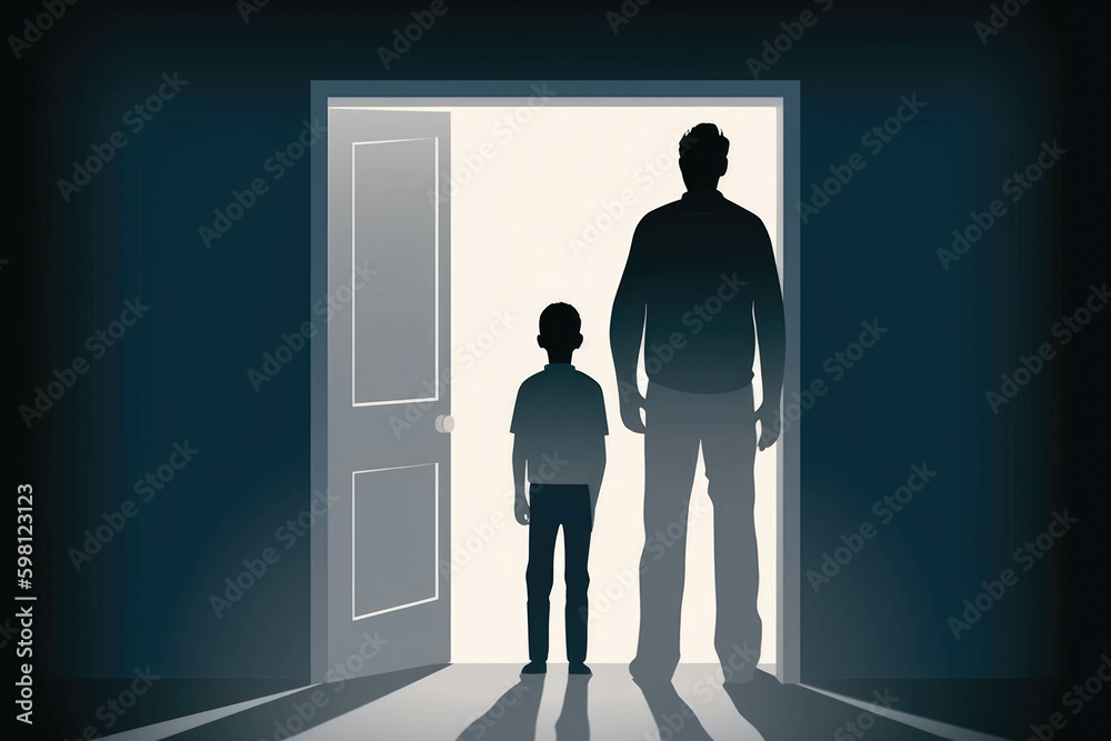 A father and son stand and face each other in a doorway their proximity conveying that feelings should Psychology emotions concept. AI generation. Generative AI