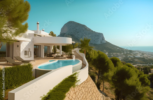 Villa in Altea Hills, Spain, Costa Blanca. Luxyry villa with swimming pool in mountains. Modern apartment buildings, House Facade exterior design. Ai generative illustration.