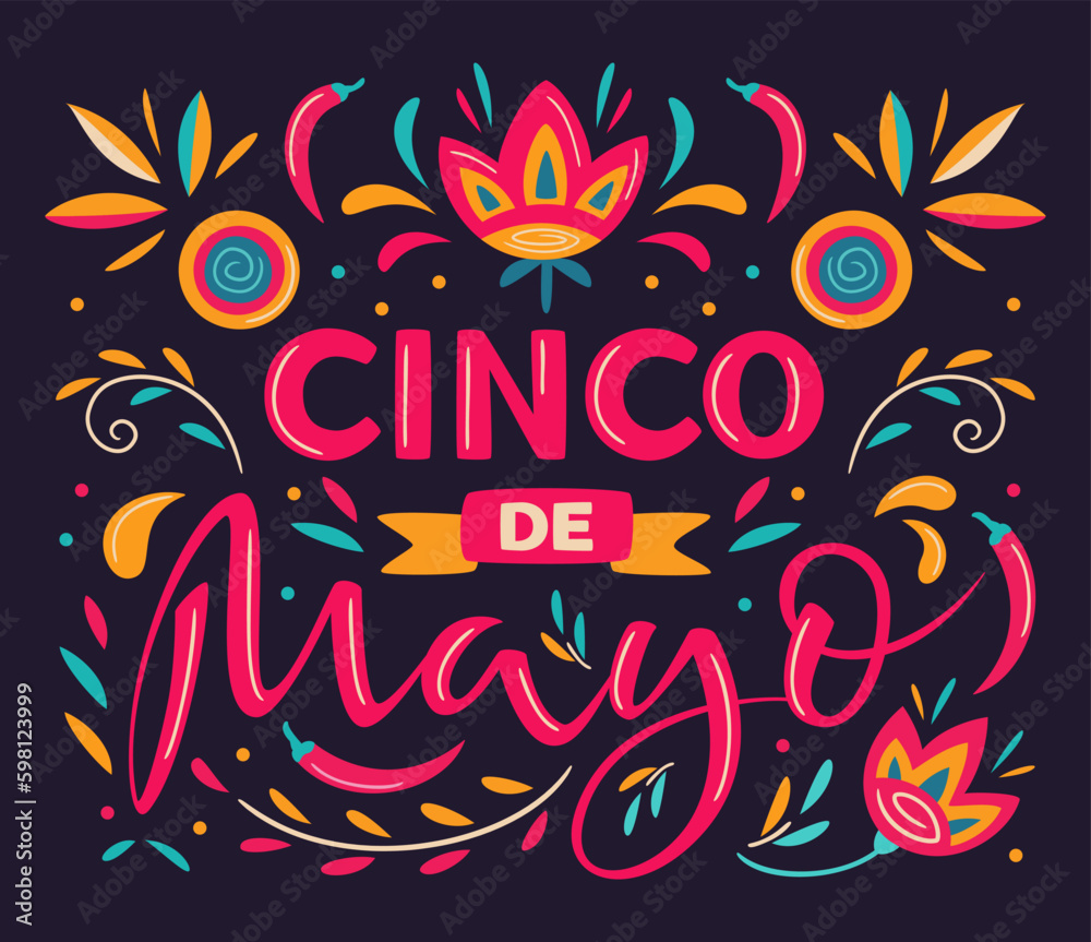 Cinco de Mayo, May 5, federal holiday in Mexico. Fiesta vector banner design with Mexican floral traditional elements. Ornate folk graphic. Lettering ornamental sign for poster, greeting card