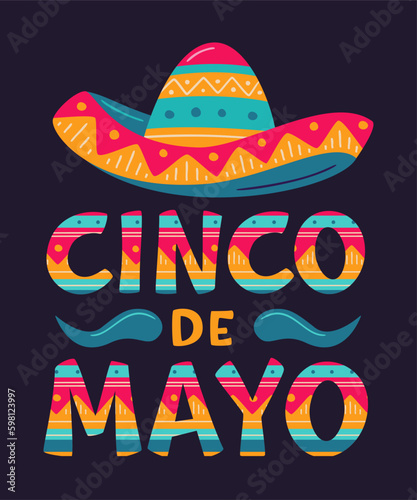 Cinco de Mayo, May 5, federal holiday in Mexico. Fiesta vector banner design with sombrero and moustache on dark background. Lettering ornamental sign for poster, greeting card