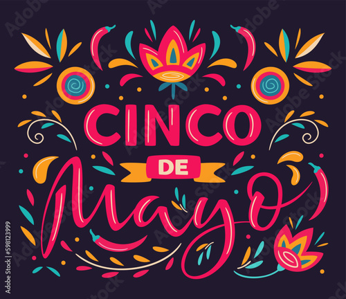 Cinco de Mayo, May 5, federal holiday in Mexico. Fiesta vector banner design with Mexican floral traditional elements. Ornate folk graphic. Lettering ornamental sign for poster, greeting card