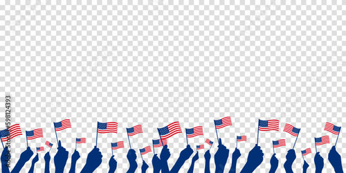 Diverse Group Of Patriots Hand Waving Small American Flag banner template on transparent background. Vector illustration.