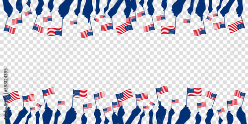 Diverse Group Of Patriots Hand Waving Small American Flag banner template on transparent background. Vector illustration.