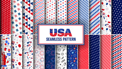 Collection of patriotic American red, blue seamless star and stripes patterns. Vector illustration.