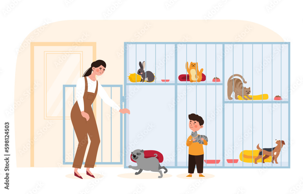 Obraz premium Adopting pet from animal pound. Woman with her son chooses pet. Cat, rabbit and dog in cages. Rehabilitation center for stray and homeless. Cartoon flat vector illustration
