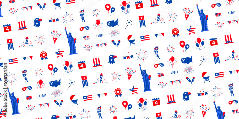 Modern American seamless pattern, USA flag, the Statue of liberty, firework, us map, and many more. Vector illustration.