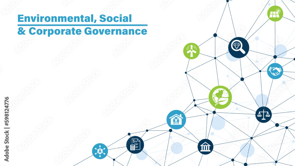 Banner ESG - Environmental, Social and Corporate Governance. Info banner calling to remember the involvement of this company in solving environmental, social and management problems with icons. Vector - obrazy, fototapety, plakaty 