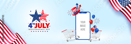 4th of July banner template with waving American flag, greetings, shopping cart, balloon, and more, mobile copy space for place text or picture template sale banner. Vector illustration.