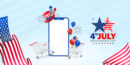 Modern Shopping American banner template with usa waving flag, cart, mobile, balloon, and many more us elements. Vector illustration. 