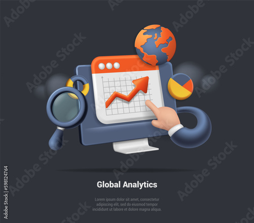Global Analytics Concept. Virtual Finger Points To Stock Market Chart With Rising Candlesticks. Infographic Elements, Realistic Globe And Magnifying Glass. 3D Rendering Realistic Vector Illustration