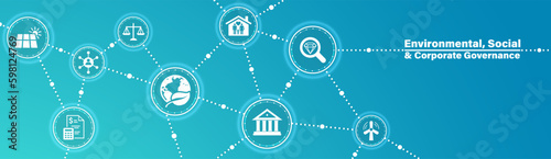 Banner ESG - Environmental, Social and Corporate Governance. Info banner calling to remember the involvement of this company in solving environmental, social and management problems with icons. Vector