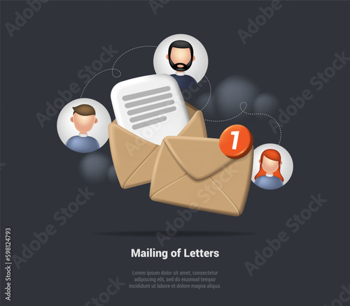Mailing Or Letters Concept. Open Mail Envelope Icon With Marker New Message. Render Email Notification With Document, Check Mark, Paper And People Avatar. 3D Rendering Realistic Vector Illustration