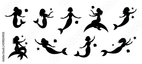 Mermaid silhouettes. Funny mermaid in different poses. Little creatures with tails. Mythical tale character in water black symbol. Beautiful siren