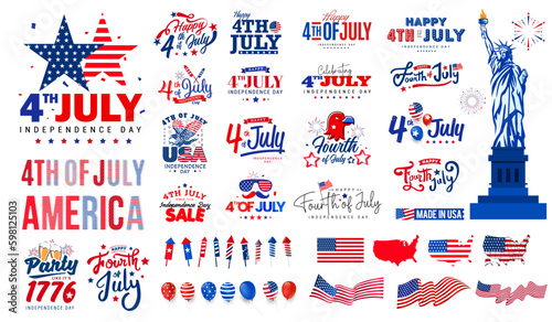 4th of July, United Stated independence Day greeting. Fourth of July typographic design. Usable for greeting cards, banners, and backgrounds.