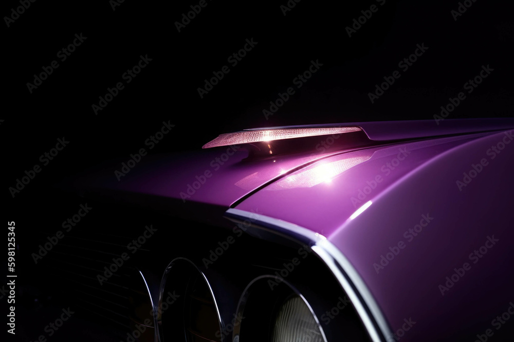 Closeup of an eyecatching purple drag racing car with a large hood and silver trim. Speed drive concept. AI generation. Generative AI