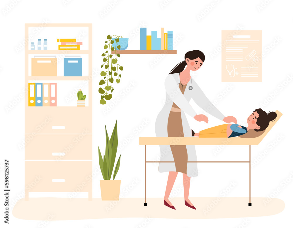 Pediatrician examining kid. Woman in medical gown examines girl. Doctor makes diagnosis and chooses treatment method. Child visit doctor for checkup, healthcare. Cartoon flat vector illustration
