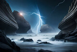O poder ampliador das tempestades da natureza, raios e rochedos. Gerada por IA