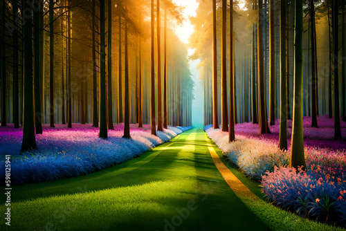 Uma estrada em uma floresta com flores no chão. Gerada por IA photo