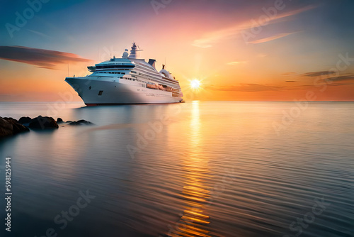 Um navio de cruzeiro está atracado ao pôr do sol com o sol se pondo atrás dele. Gerado por IA photo