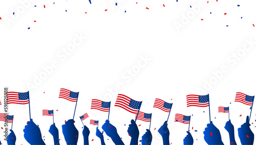 Vector illustration of patriotic human hands Holding Up American Flags with confetti. Poster, banner, greeting card template.