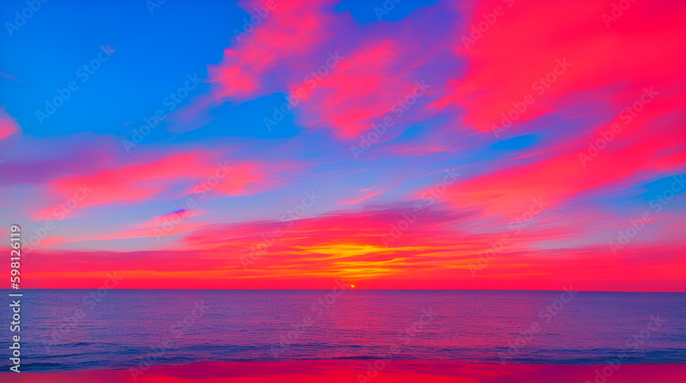 Um pôr do sol colorido sobre o oceano com um céu azul e nuvens cor de rosa. Gerada por IA