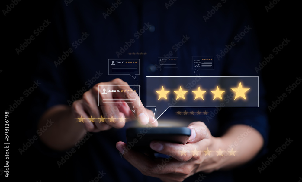 Obraz Customer review satisfaction feedback survey concept. User give rating to service excellent experience on mobile phone application, Client evaluate quality of service reputation ranking of business. fototapeta, plakat