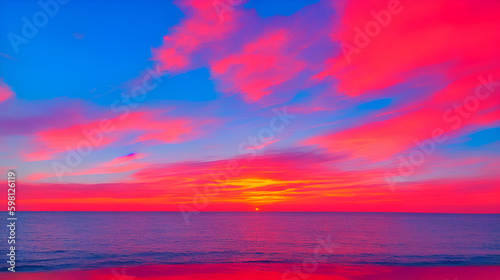 Um pôr do sol colorido sobre o oceano com um céu azul e nuvens cor de rosa. Gerada por IA © marcia47