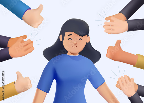 Cheerful young woman surrounded by hands with thumbs up and clapping. 3D character people. Concept of public approval, acknowledgment by audience, positive opinion, recognition. Colored Generative AI