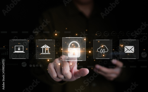 Cybersecurity and privacy concepts to protect data. Man protecting personal data on smartphone, virtual screen interfaces. Lock icon and internet network security technology. internet privacy,
