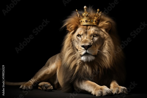 Regal lion poses majestically in a king s robe and crown. Generative AI