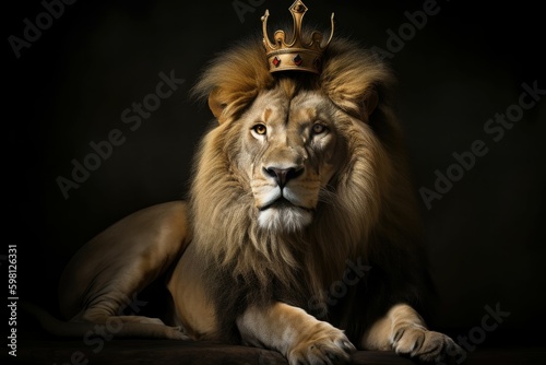 Regal lion poses majestically in a king s robe and crown. Generative AI