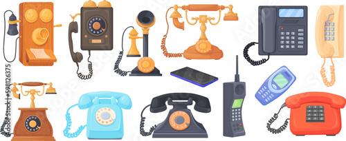 Cartoon retro telephones. Various old wire phones for call, antique rotary dial telephone with handset on cord, vintage office radio cellphone cable phone, neat vector illustration