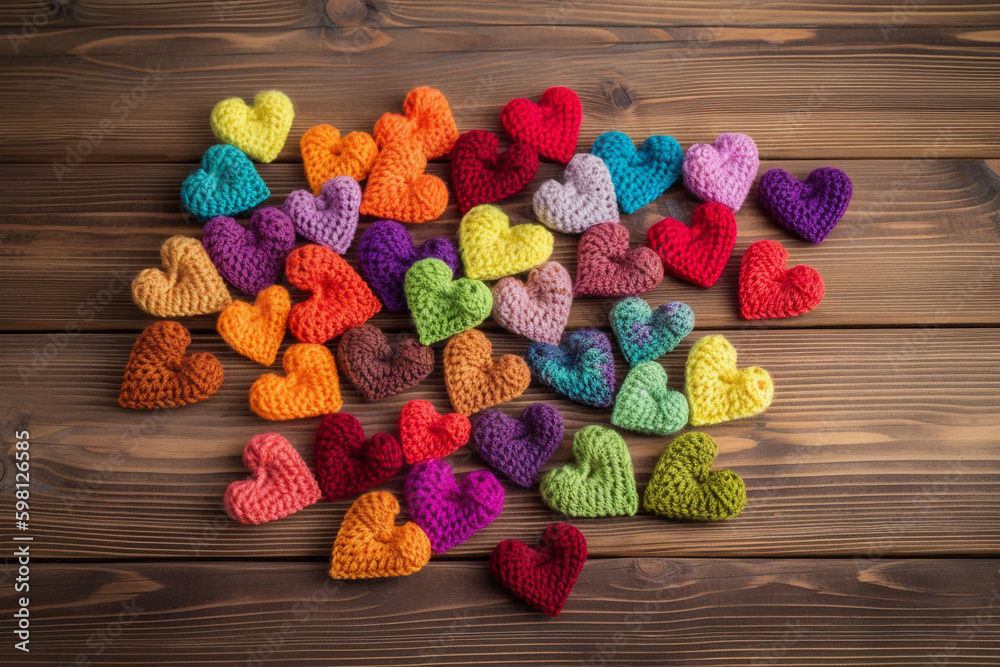 Many small colorful hearts made of wool on wooden background, Generative AI
