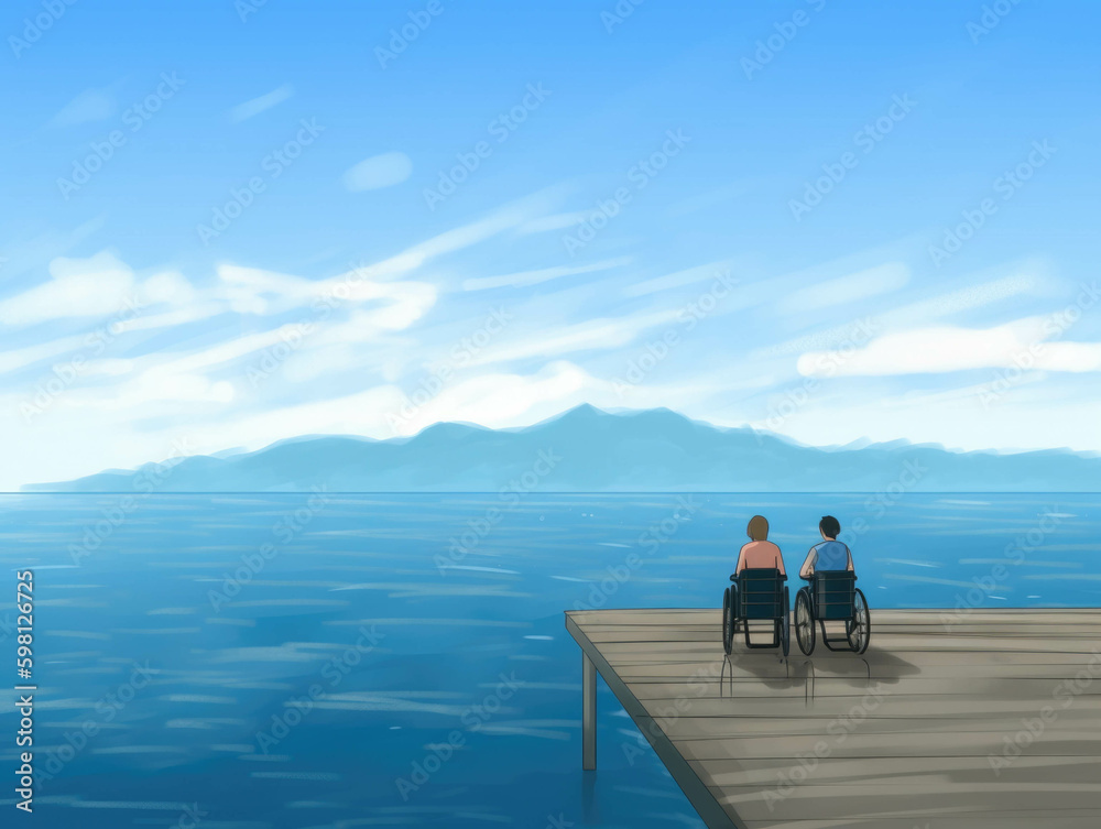 Two people with disabilities looking out at the view from an accessible pier.. AI generation. Generative AI