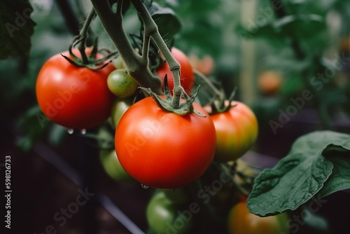 Ripe juicy tomatoes in a greenhouse, Generative AI