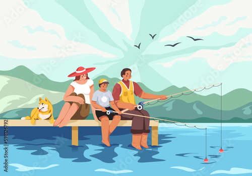 Family fishing. Happy child with fisherman father catching fish in river or lake, families summer nature activities, fisher teaching kid son fishery, recent vector illustration