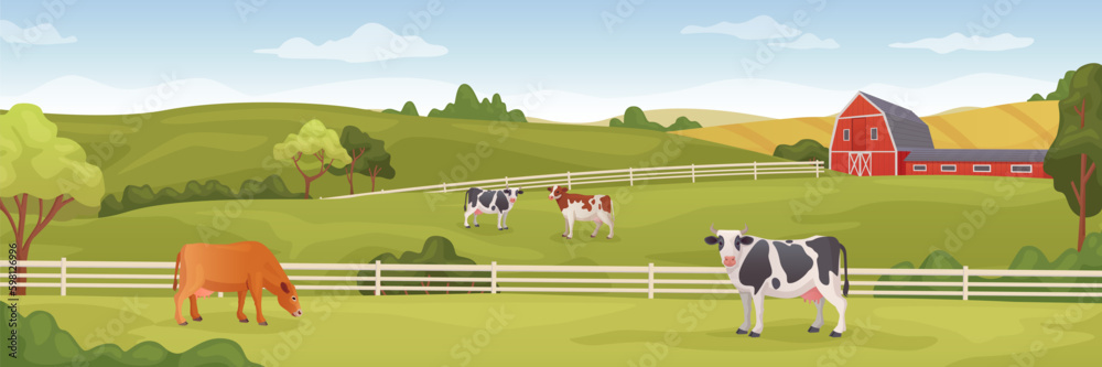 Farm panoramic landscape. Rural farmland cartoon background, agriculture abundance with cow and farmhouse in spring field, countryside green meadow on ranch, vector illustration Farm panoramic landscape. Rural farmland cartoon background, agriculture abundance with cow and farmhouse in spring field, countryside green meadow on ranch, vector illustration