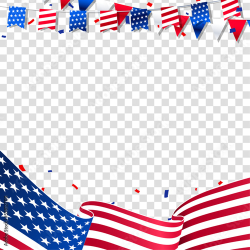 United states of america transparent banner, background, template with usa waving flag, bunting decoration, empty, blank, copy space for text and images. Vector illustration. 