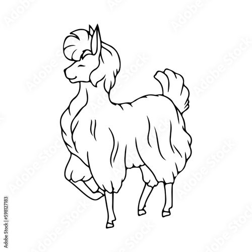 Fluffy llama. Alpaca. Livestock, animal, Farming. Farm. Vector illustration isolated on white background. Coloring book