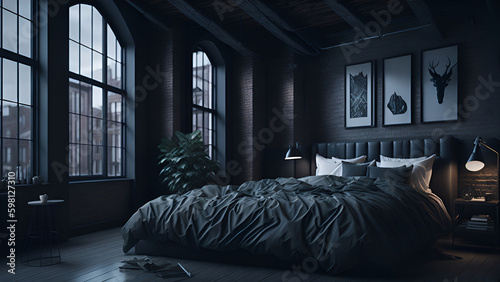 Dark loft master bedroom with large windows in an urban setting