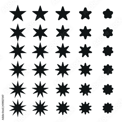 Collection of isolated monochrome vector signs. Black stars  crosses and flowers on white background.