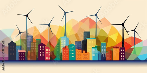 Ecology concept with wind turbines and city skyline. Vector illustration.