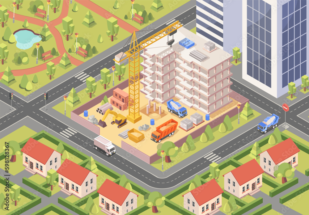 Construction in city. Modern architecture and unfinished tall buildings ...